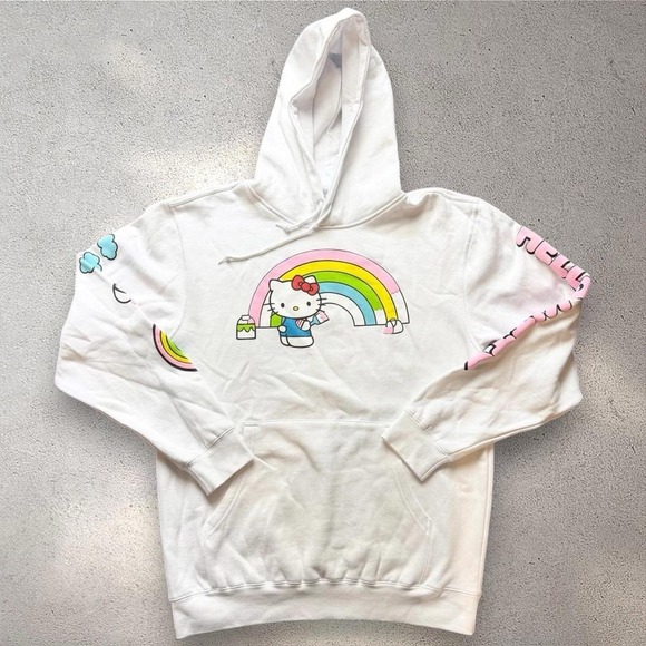 Hello Kitty Tops - Hello Kitty Rainbow Hoodie Large White Sanrio Graphic Womens Unisex Y2K
